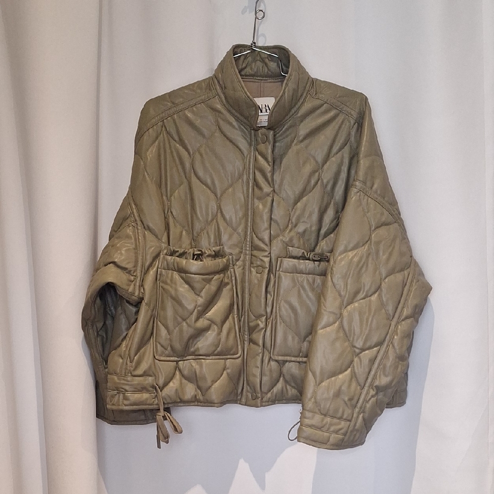 Zara Quilted Jacket Coat - Olive Green Water Repellant Size L